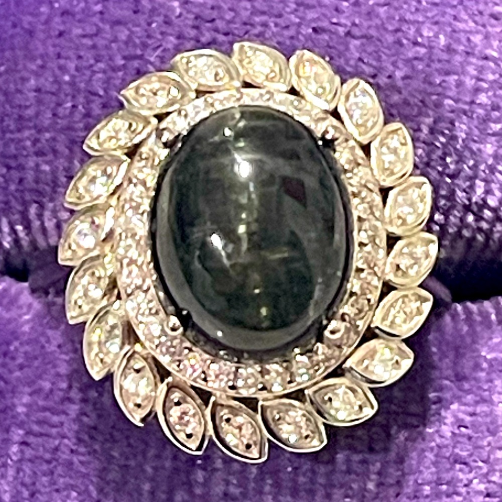 Imported 925 Genuine Natural Black Tourmaline Cabochon Cocktail Ring Sz6.5 NWT